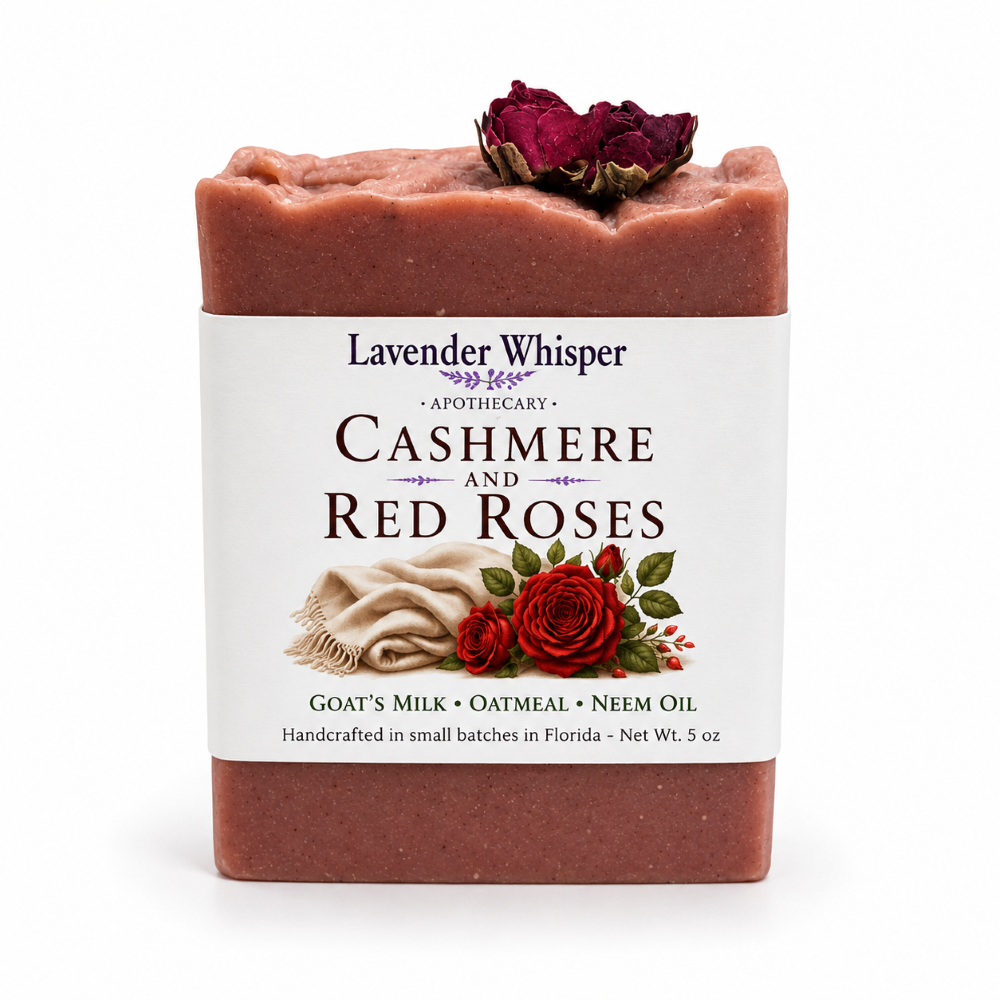 Handcrafted Cashmere & Red Roses artisan soap bar with Lavender Whisper signature label and dried rosebud.