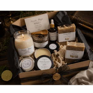 Each Apothecary Gentleman Gift Collection is carefully prepared by hand inside our Lavender Whisper Cottage Boutique and beautifully presented in a natural kraft gift box with cream crinkle paper, black tissue paper, a black chiffon ribbon, our signature gold wax seal, and a Lavender Whisper thank-you card.