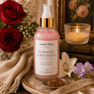 Cashmere & Red Roses Linen, Room & Car Spray | Lavender Whisper Apothecary Alt / Description Luxury lifestyle photograph of Lavender Whisper Cashmere & Red Roses Linen, Room & Car Spray featuring red roses, cashmere fabric, candlelight, lily, and elegant botanical styling.