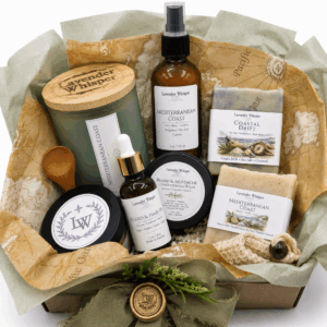 Mediterranean Coast Gift Set by Lavender Whisper Apothecary featuring artisan soaps, linen spray, candle, beard oil, beard balm, and luxury grooming essentials in a premium gift box.