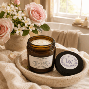 Lavender Whisper Grass-Fed Tallow Body Butter beside roses and jasmine in a softly lit bath setting